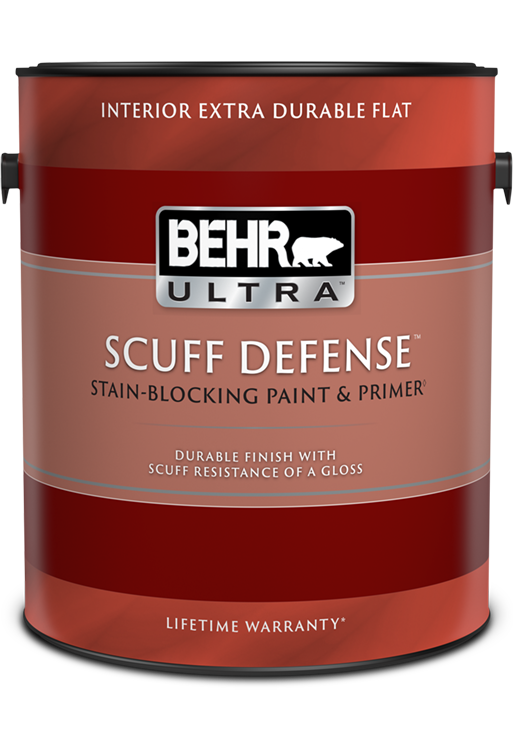 can of Behr Ultra Scuff Defense interior paint, extra durable flat