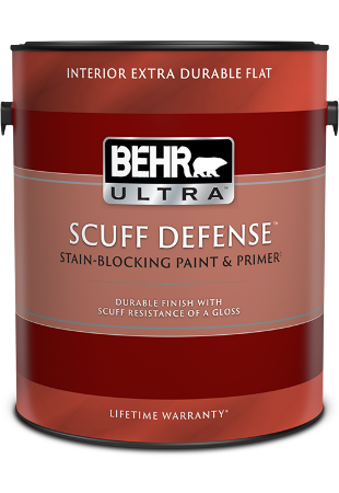 can of Behr Ultra Scuff Defense interior paint, extra durable flat