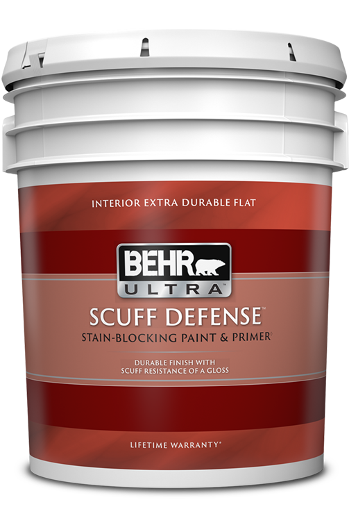 pail of Behr Ultra Scuff Defense interior paint, extra durable flat