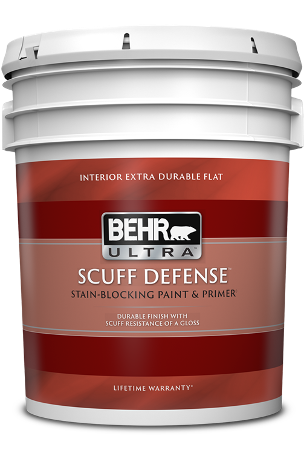 pail of Behr Ultra Scuff Defense interior paint, extra durable flat