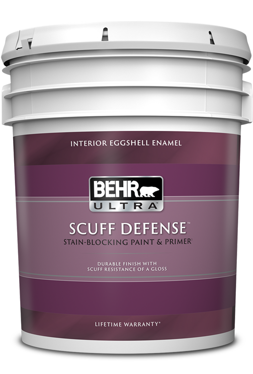 pail of Behr Ultra Scuff Defense interior paint, eggshell