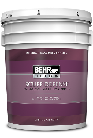 pail of Behr Ultra Scuff Defense interior paint, eggshell