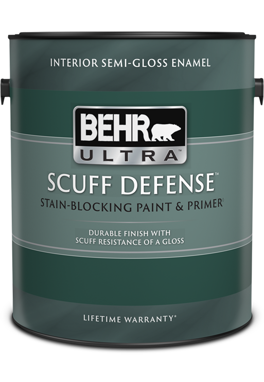 can of Behr Ultra Scuff Defense interior paint, semi-gloss