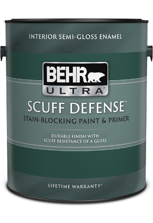 can of Behr Ultra Scuff Defense interior paint, semi-gloss