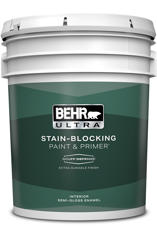 pail of Behr Ultra Scuff Defense interior paint, semi-gloss