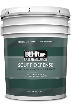 pail of Behr Ultra Scuff Defense interior paint, semi-gloss