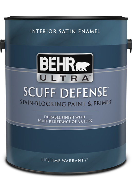 can of Behr Ultra Scuff Defense interior paint, satin enamel