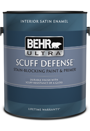 can of Behr Ultra Scuff Defense interior paint, satin enamel