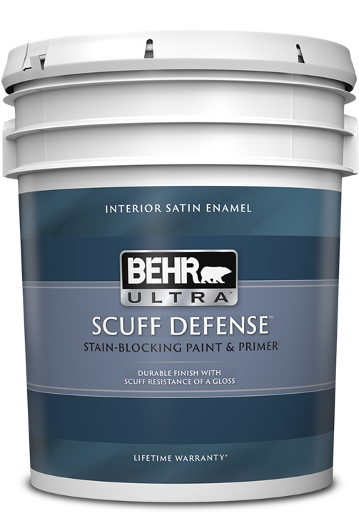 pail of Behr Ultra Scuff Defense interior paint, satin