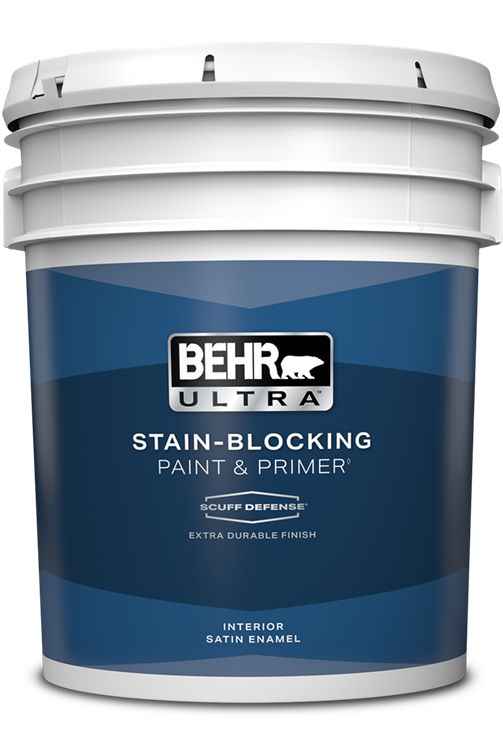 pail of Behr Ultra Scuff Defense interior paint, satin