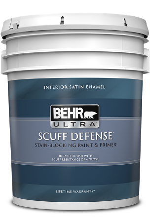 pail of Behr Ultra Scuff Defense interior paint, satin