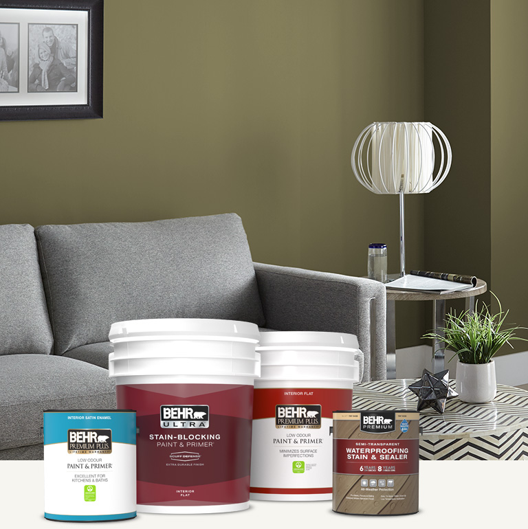 Mobile version of a painted living room with Behr products in the foreground.