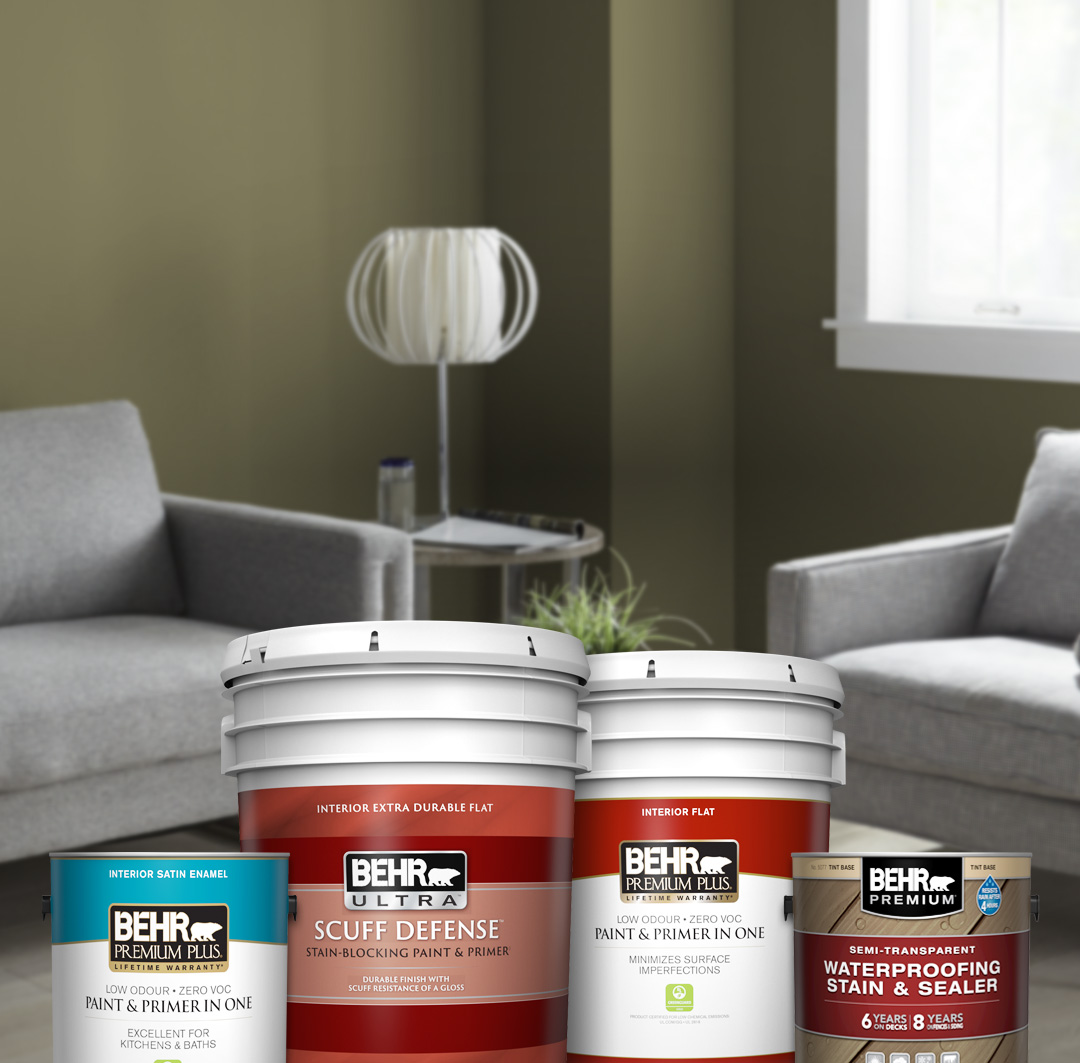 Living room image with Behr products in the foreground.