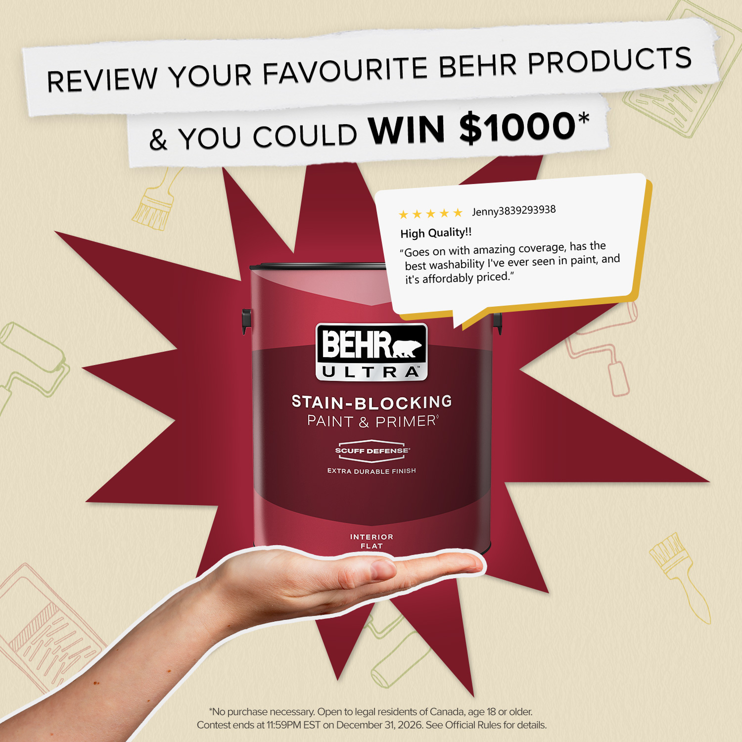 Rate & Win Sweepstakes 2026 with Behr products in the foreground.
