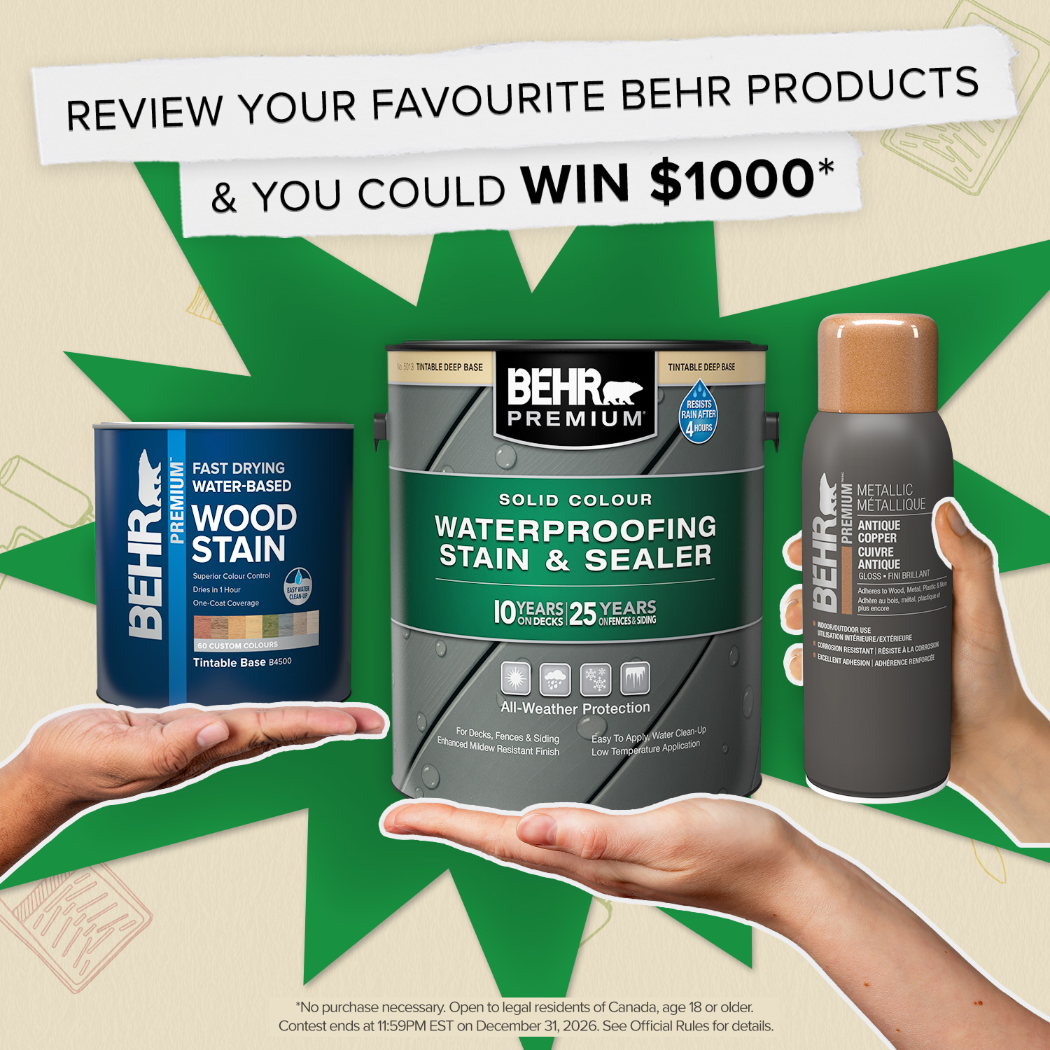 Rate & Win Sweepstakes 2026 with Behr products in the foreground.