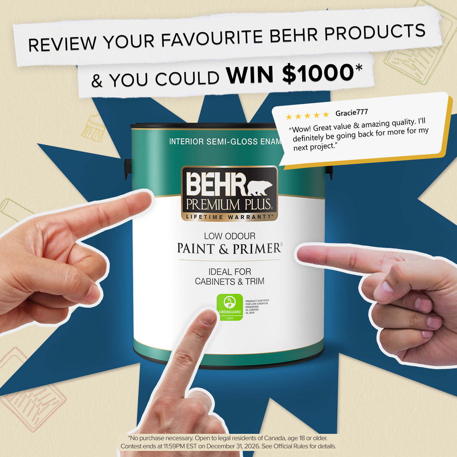 Rate & Win Sweepstakes 2026 with Behr products in the foreground.