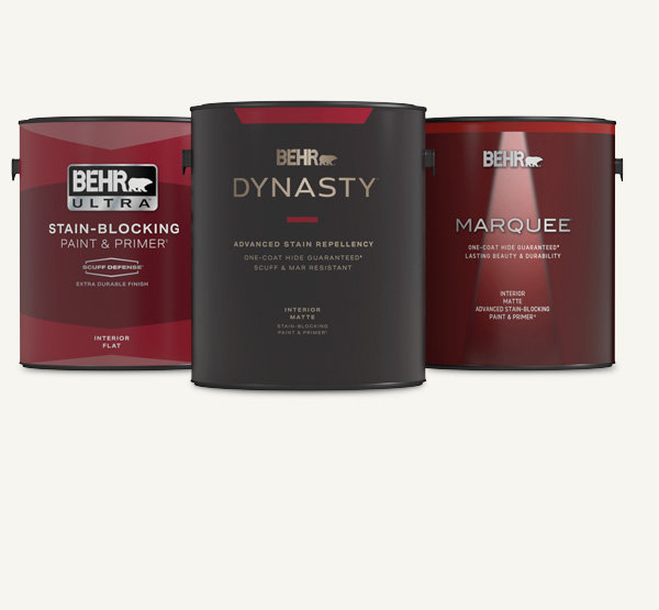 Cluster of Behr interior paint products