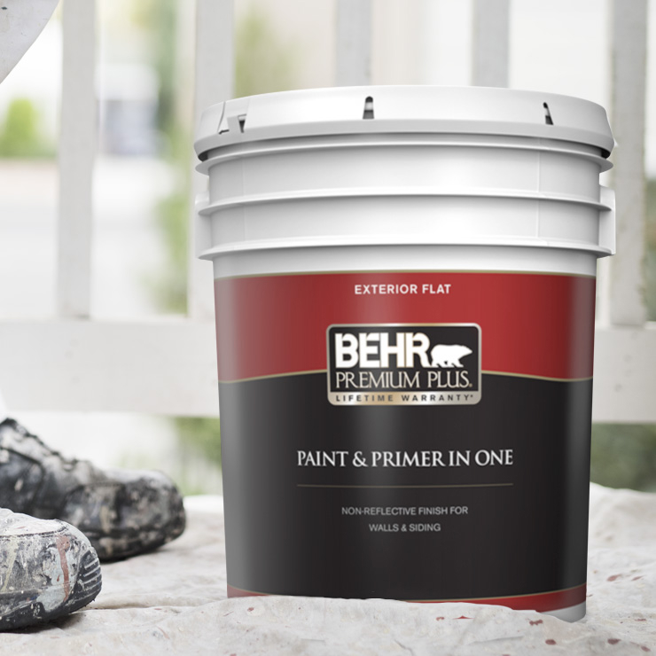 A close up shot of a 5 Gallon BEHR PREMIUM Exterior Paint