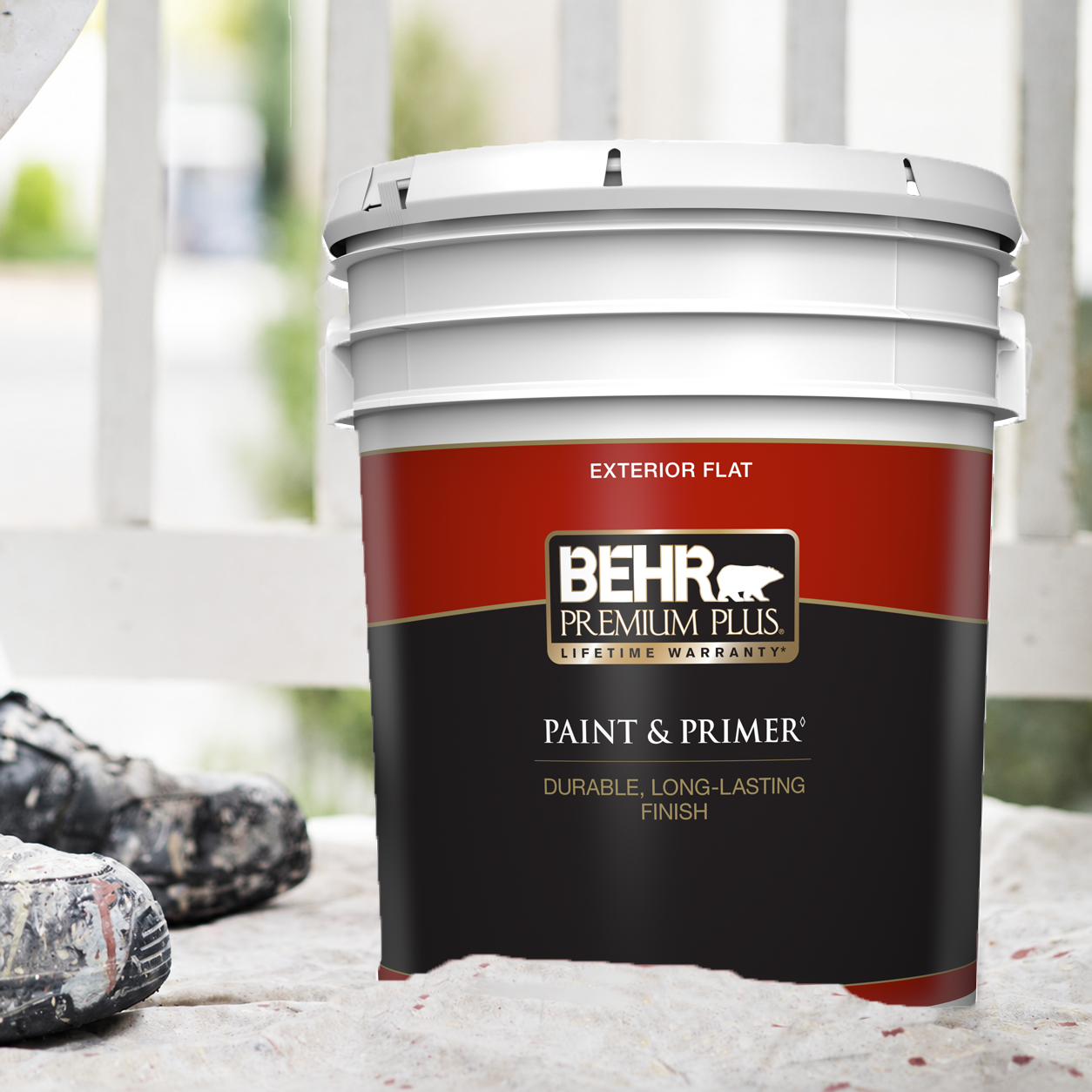 A close up shot of a 5 Gallon BEHR PREMIUM Exterior Paint