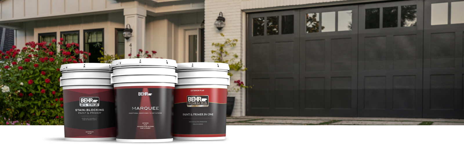 Behr Pro exterior products landing page desktop image featuring 5 gallon cans.