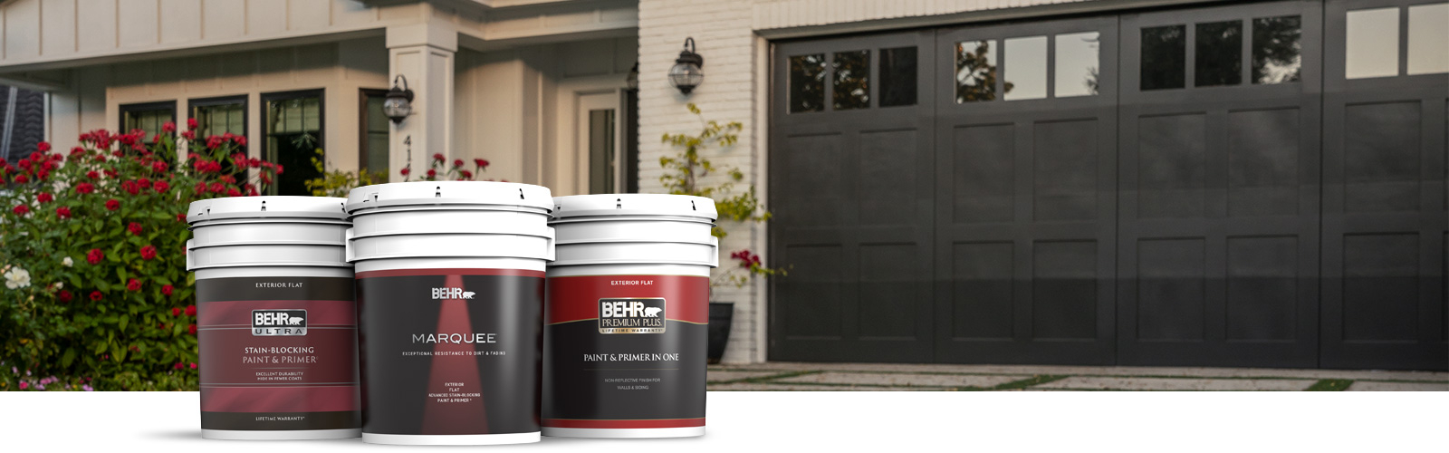 Behr Pro exterior products landing page desktop image featuring 5 gallon cans.