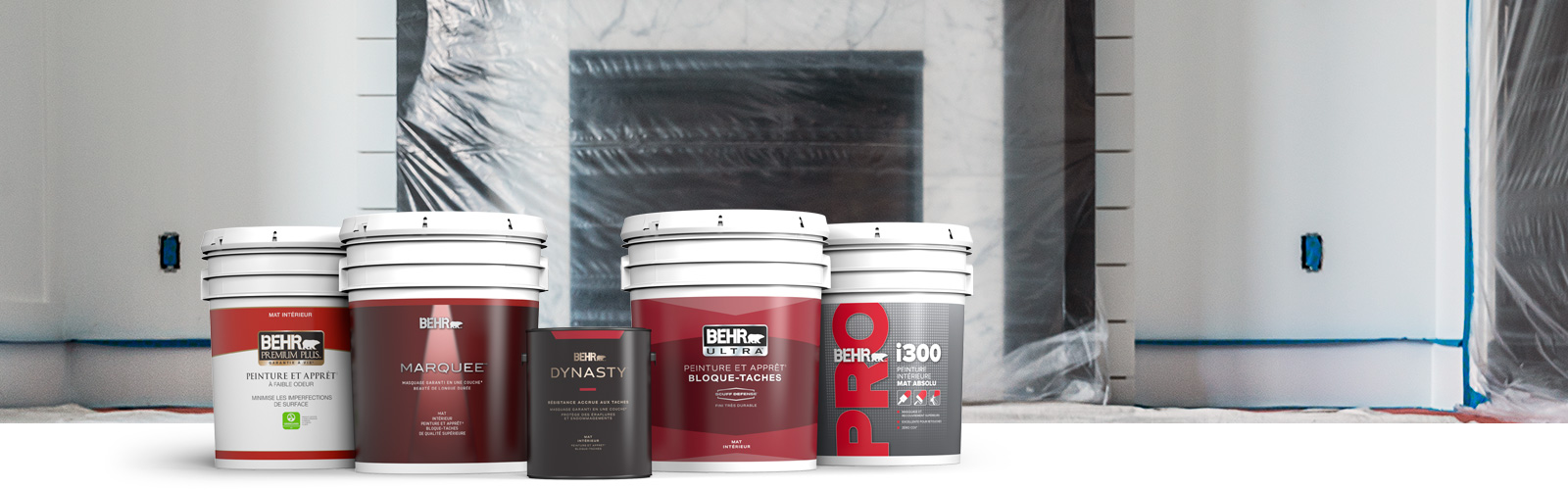 BehrPro interior products landing page desktop image featuring 5 gallon cans.