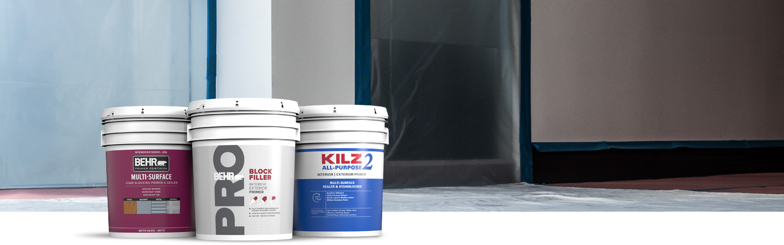 Behr Pro exterior primer products landing page desktop image featuring 5 gallon cans.