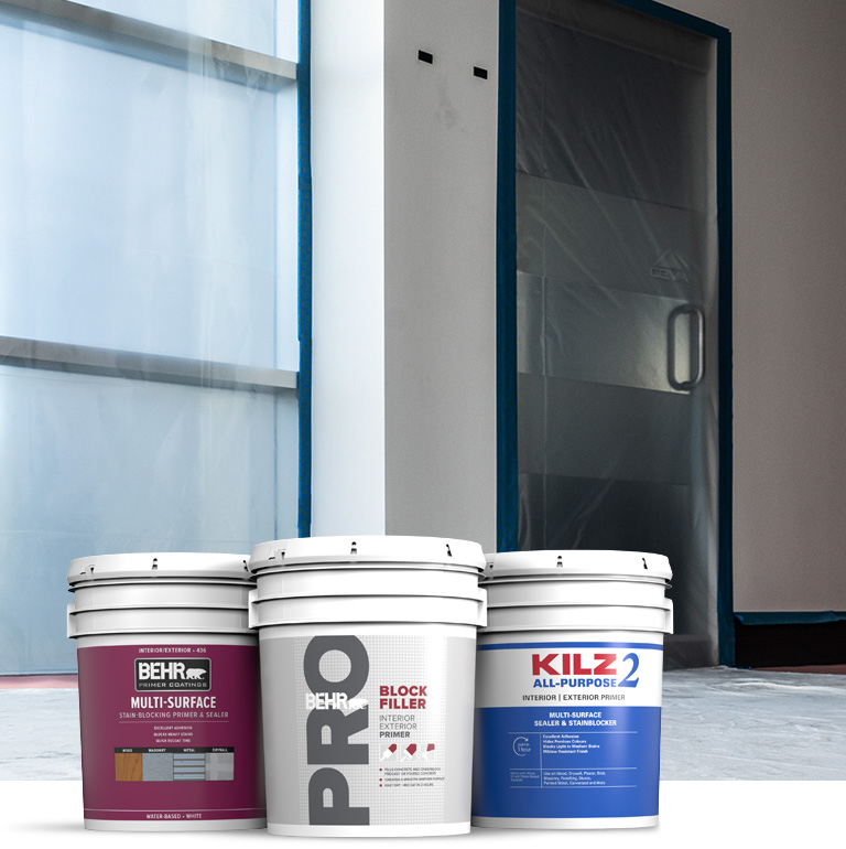 Behr Pro exterior primer products landing page mobile image featuring 5 gallon cans.