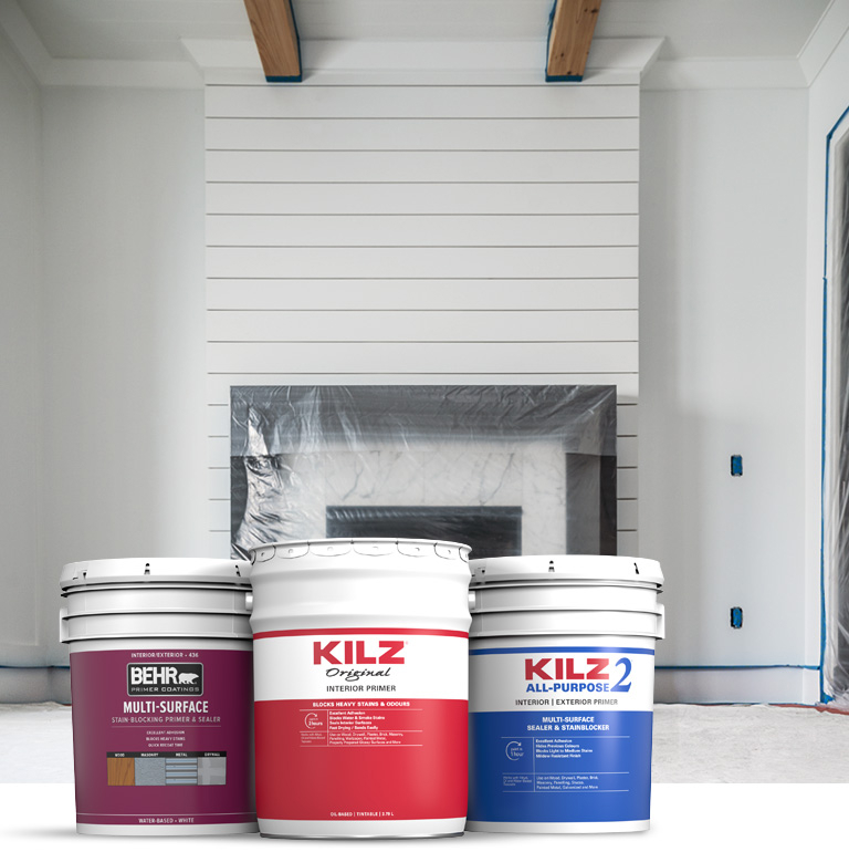 Behr Pro interior primer products landing page mobile image featuring 5 gallon cans.