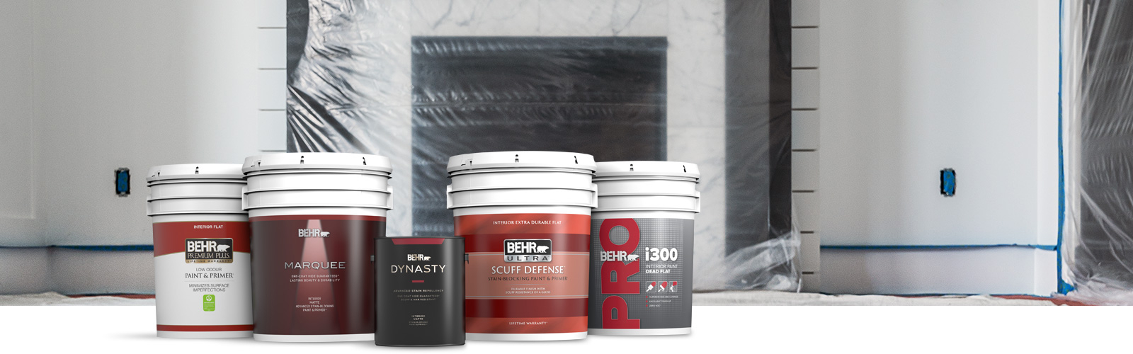 BehrPro interior products landing page desktop image featuring 5 gallon cans.