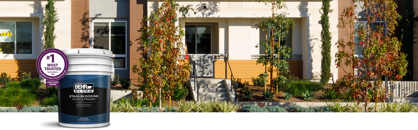 Behr Pro exterior Ultra products landing page desktop image featuring 5 gallon Ultra can.