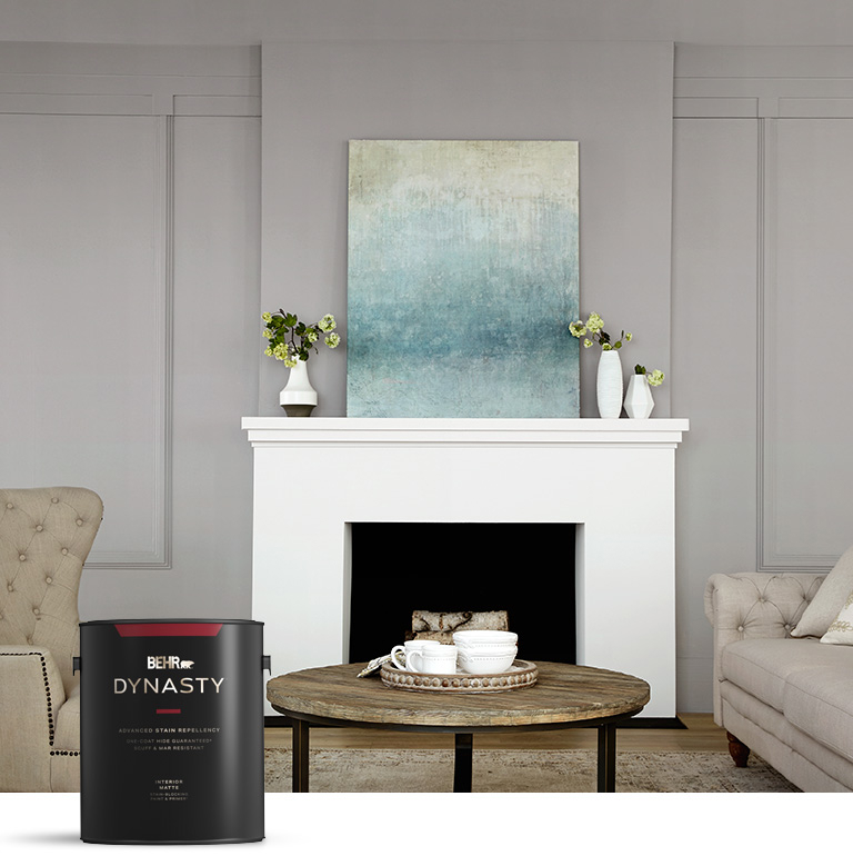 mobile image of gray living room image with Behr Dynasty Interior paint can in the foreground