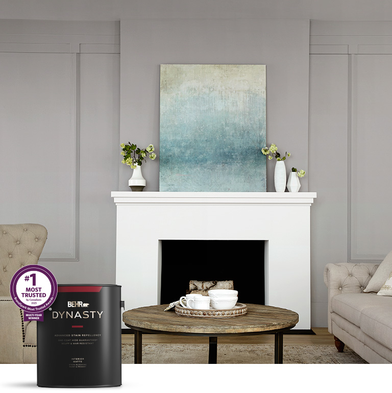 mobile image of gray living room image with Behr Dynasty Interior paint can in the foreground