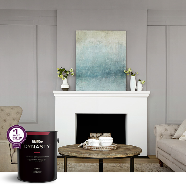 mobile image of gray living room image with Behr Dynasty Interior paint can in the foreground