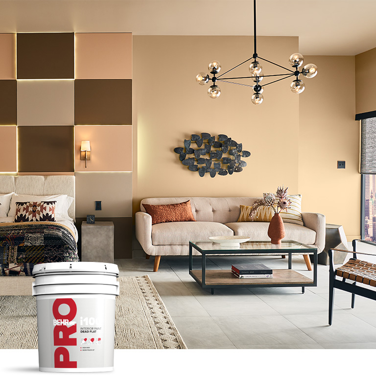 Mobile version of BEHR PRO interior i100 products landing page mobile image featuring 5 gallon i100 can.