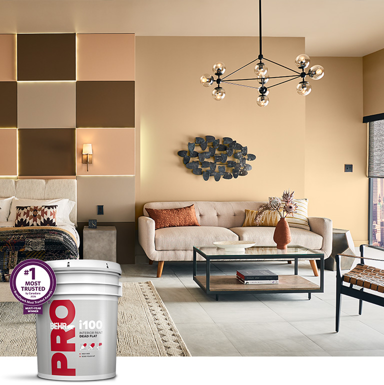 Mobile version of BEHR PRO interior i100 products landing page mobile image featuring 5 gallon i100 can.