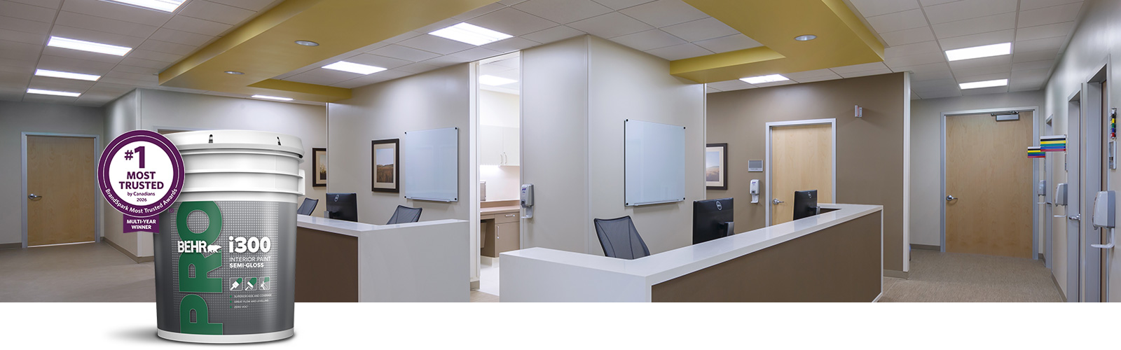 BehrPro interior i300 products landing page desktop image featuring 5 gallon i300 can.