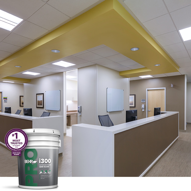 Mobile version of BehrPro interior i300 products landing page desktop image featuring 5 gallon i300 can.