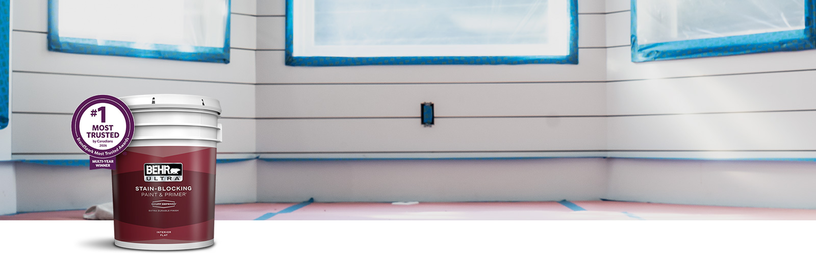 BehrPro interior Ultra products landing page desktop image featuring 5 gallon Ultra can.