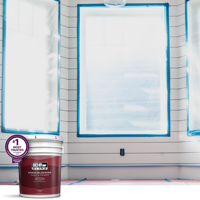 Mobile version of BehrPro interior Ultra products landing page desktop image featuring 5 gallon Ultra can.