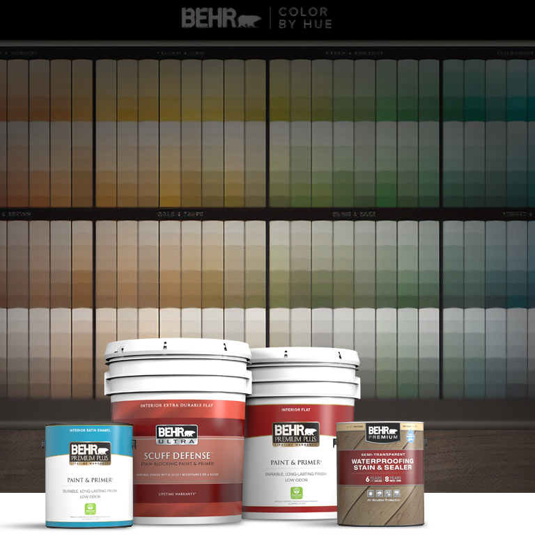 BEHR Paint  and Stain Cans in front of  the BEHR Colour Center