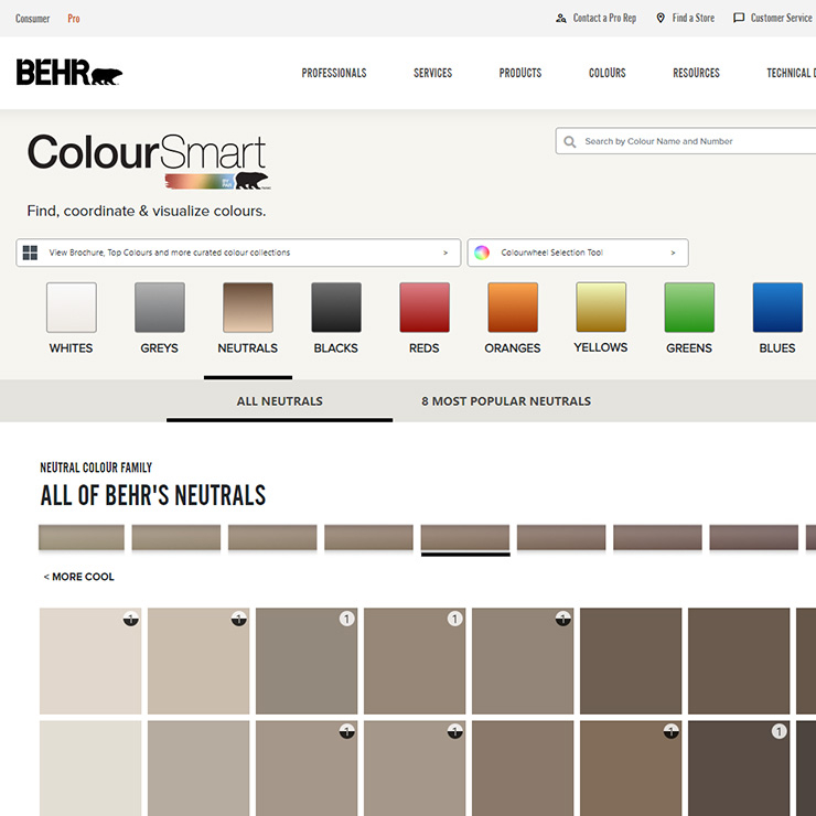 A close up view of a screen shot of BEHR ColourSmart tool. The image of the tool has different colour tabs and is displaying the green tab with several colour chips