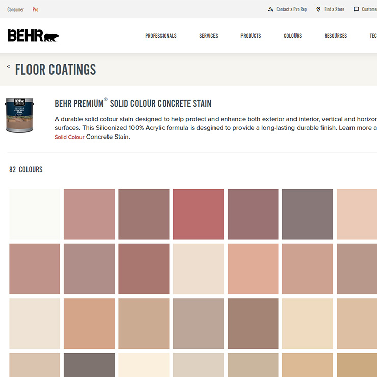 A close up view of a screen shot of BEHR Floor Coatings tool. The image of the tool has different tabs and is displaying several colour chips.