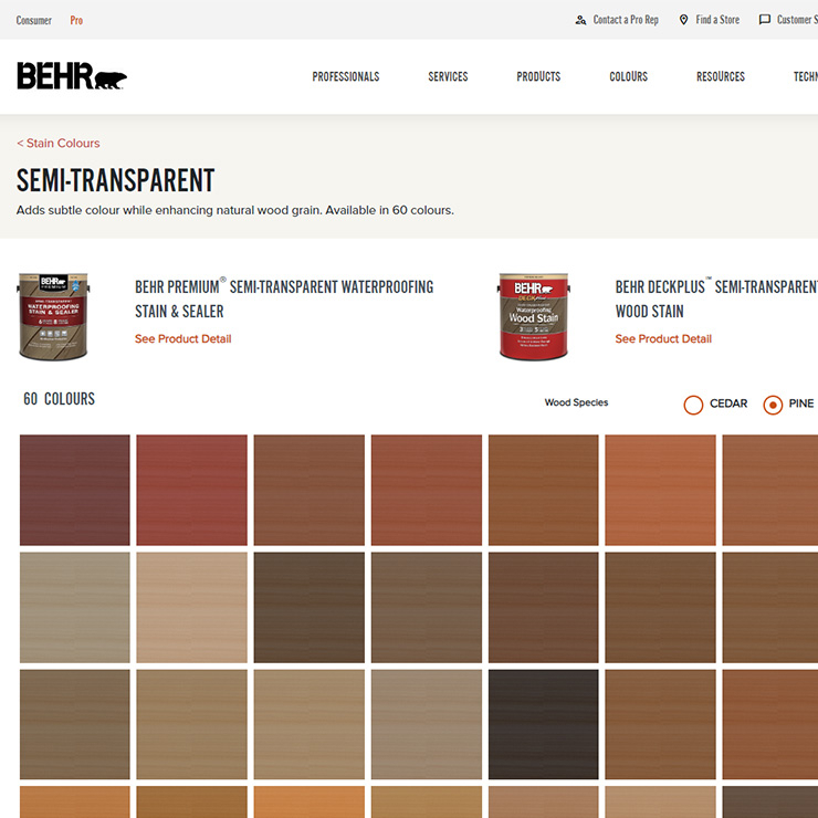 A close up view of a screen shot of BEHR Wood Stain Coatings tool. The image of the tool has different tabs and is displaying several colour chips.