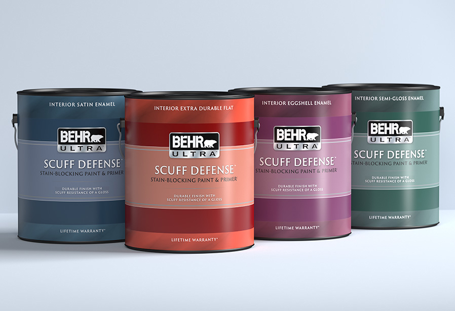 Image of a 1 gallon Behr ULTRA SCUFF DEFENSE Product Line up on a grey background
