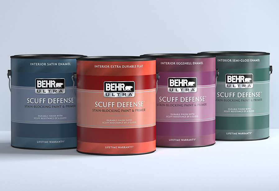 Image of a 1 gallon Behr ULTRA SCUFF DEFENSE Product Line up on a grey background