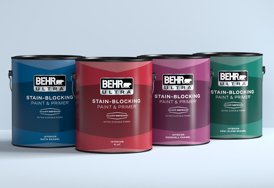 Image of a 1 gallon Behr ULTRA Product Line up on a grey background