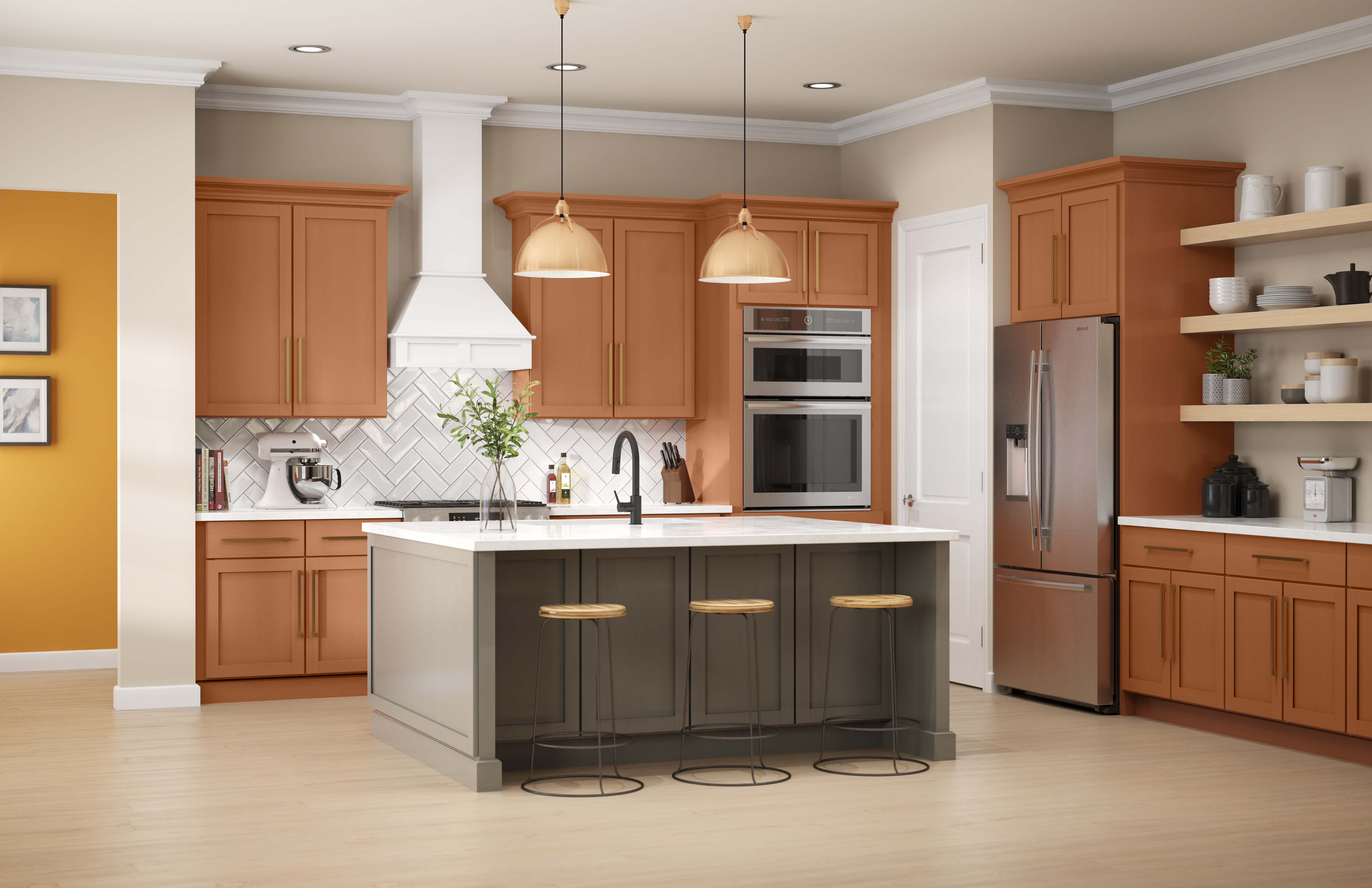 A large kitchen with a lot of cabinetry storage.  The cabinetry are painted in a tera cotta tone called Maple Glaze.  Kitchen Island is paint in a gray tone color called Barnwood Gray. 