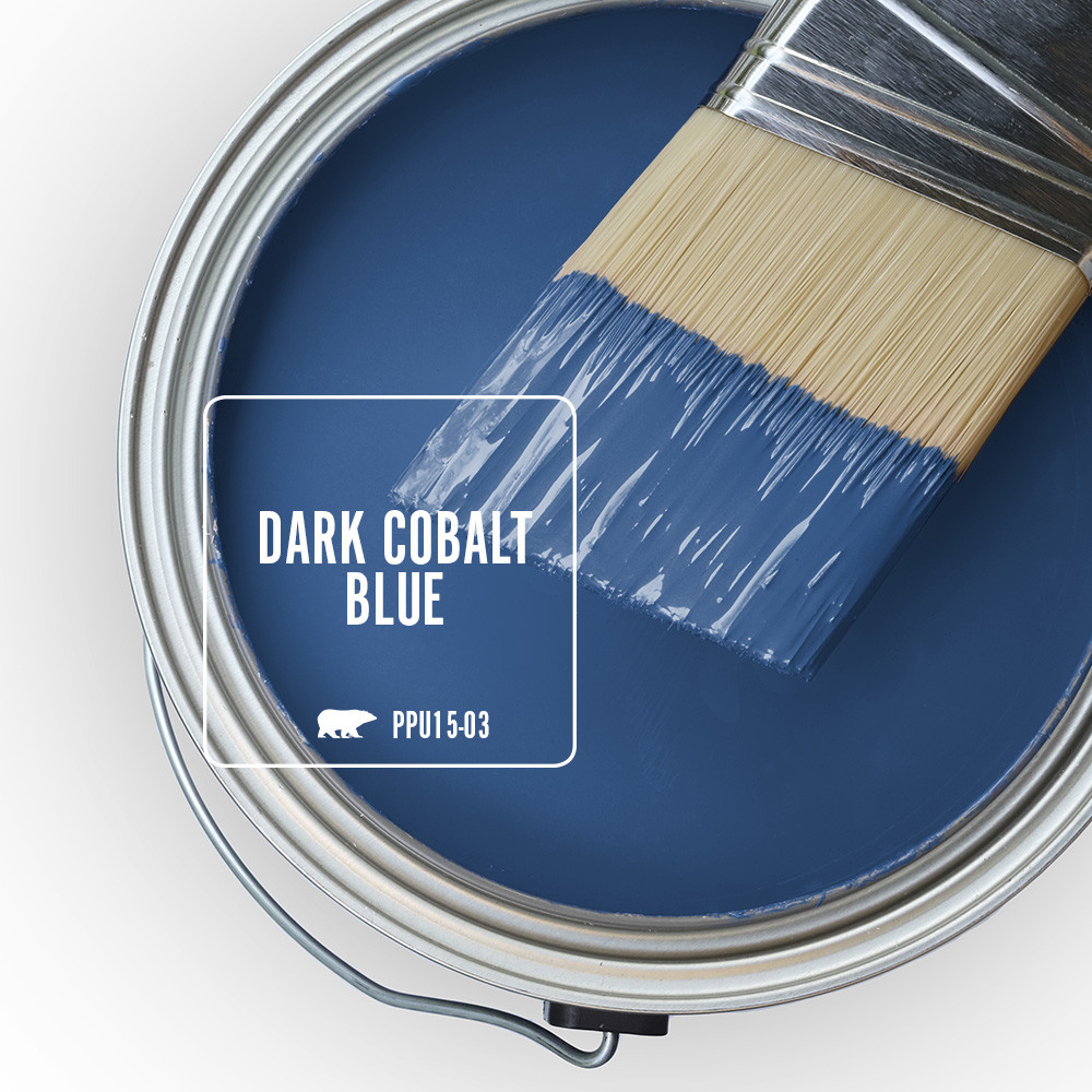 Open Paint can featuring Dark Cobalt Blue with a half painted paint brush.