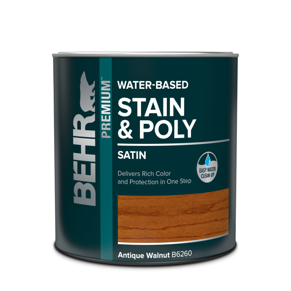 A product image of Behr's Stain & Poly water based stain.